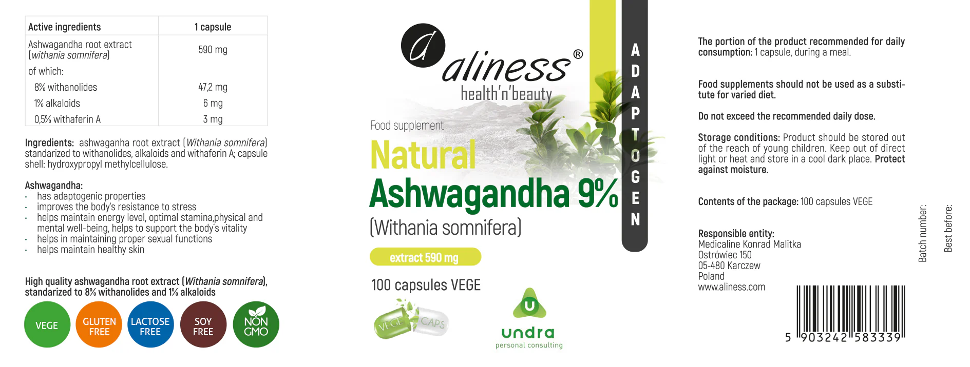 Natural Ashwagandha (Withania Somnifera) 580 mg 9%, 100 Vegan capsules - Image 2