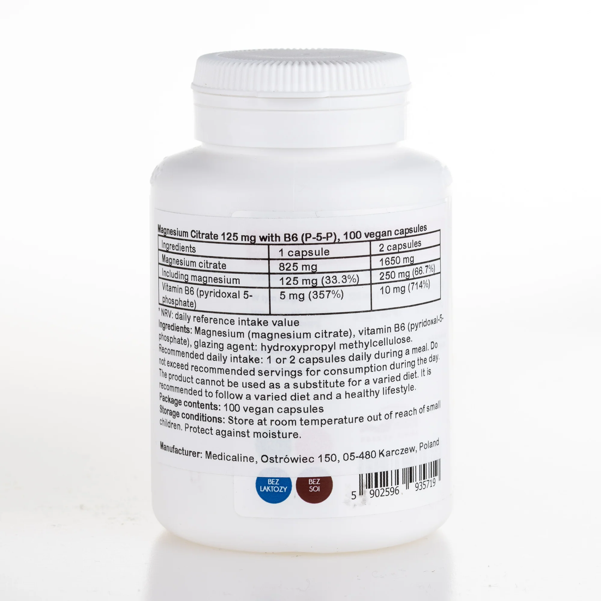 Magnesium Citrate 125mg with Vitamin B6 (P-5-P), 100 vegan capsules - Image 2