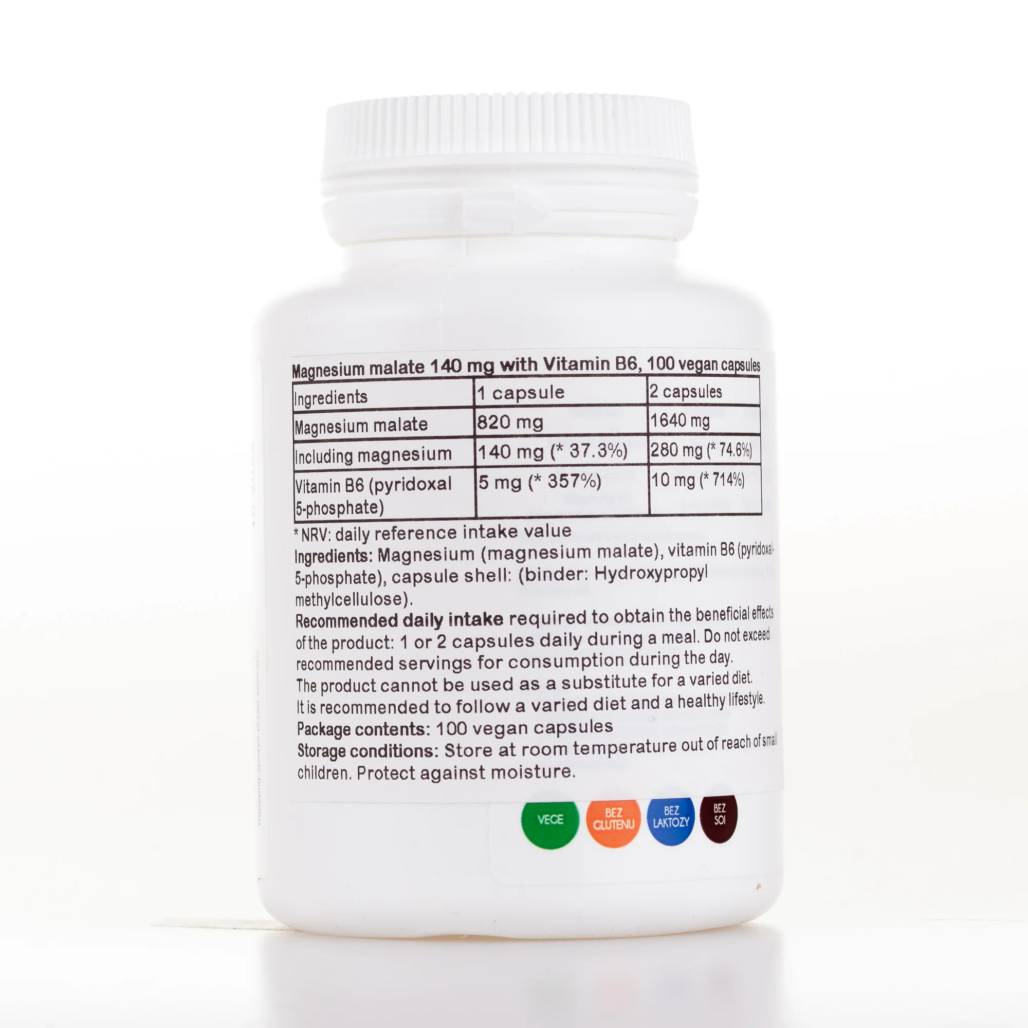 Magnesium malate with Vitamin B6, 100 vegan capsules - Image 2