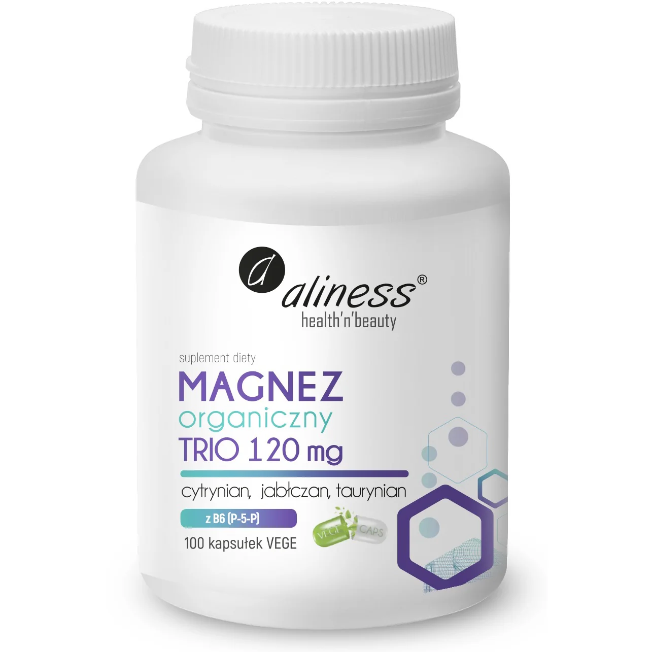 Organic Magnesium TRIO, 120 mg citrate, malate, taurate with vitamin B6 P-5-P, 5mg, 100 vegan capsules