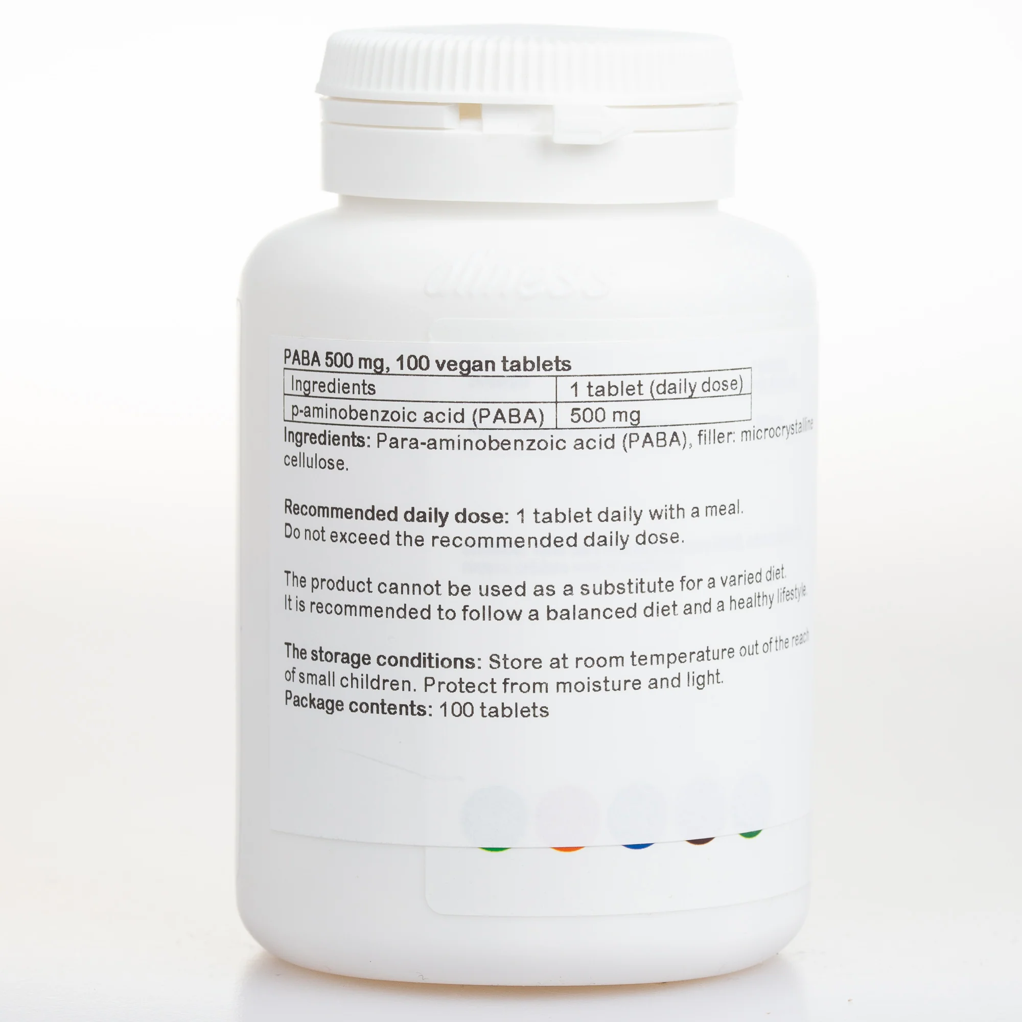 PABA Vitamin B10, PABA 500 mg, 100 vegan tablets - Image 2