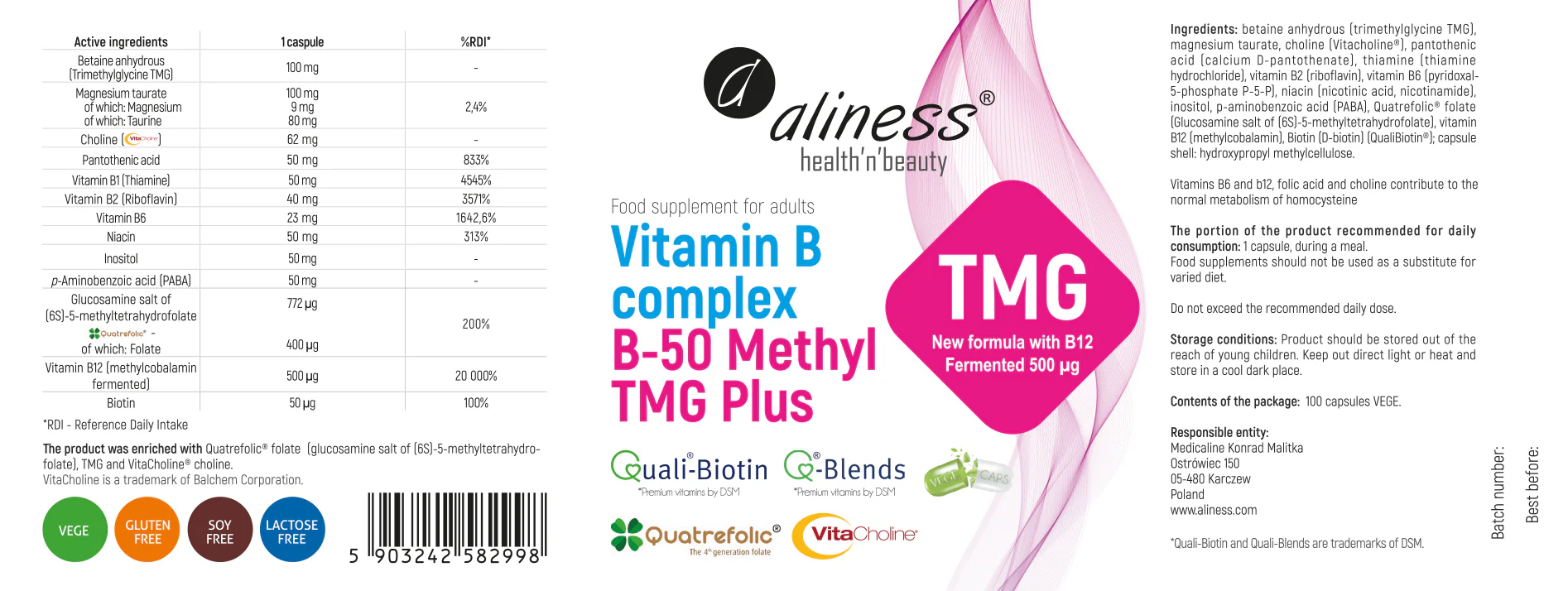 100 capsules of Vitamin B Complex Methyl, 3 months supply, Methyl TMG Plus + Biotin + Folate - Image 2